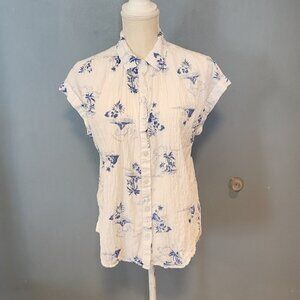 ANA nautical Hawaiian textured button-down scalloped hem blouse